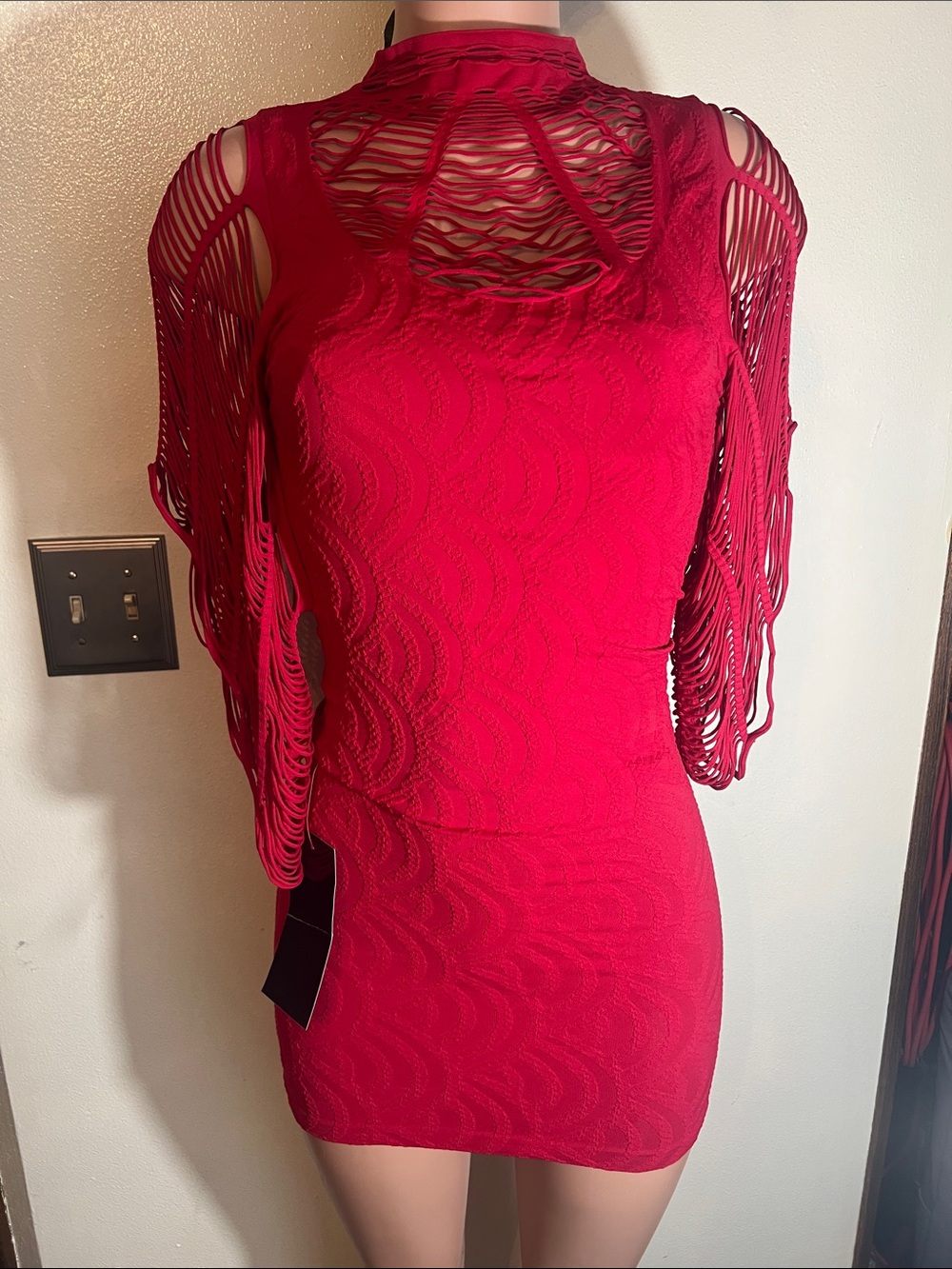 bebe Red Mini Bodycon Dress with Cutout Sleeve Details